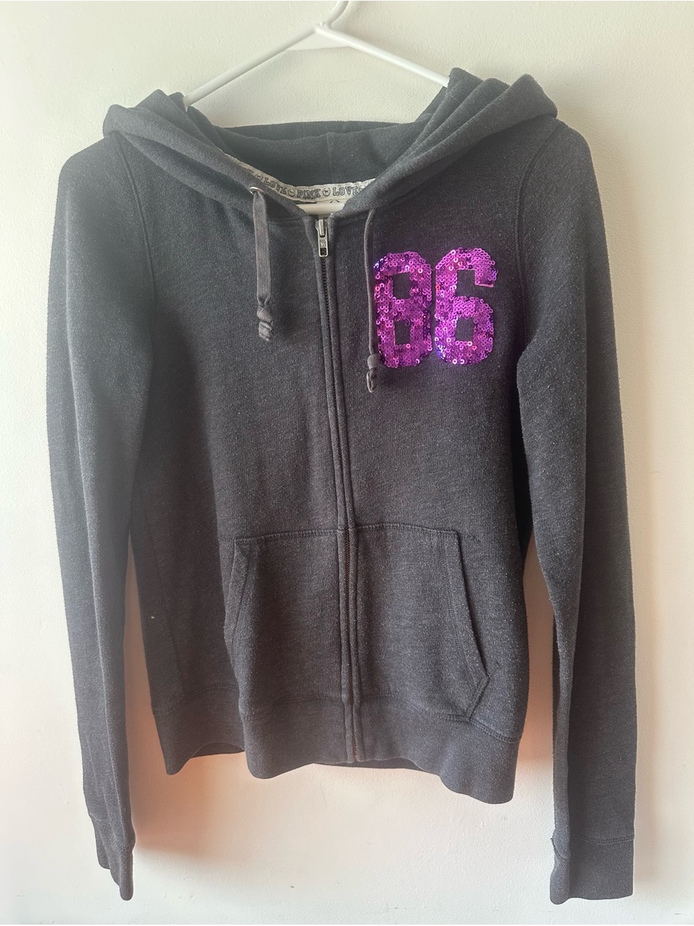 Victoria’s Secret Pink Vintage Gray Purple Sequin Bling Hoodie M - Picture 2 of 5